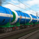 Freight train with petroleum tanker cars